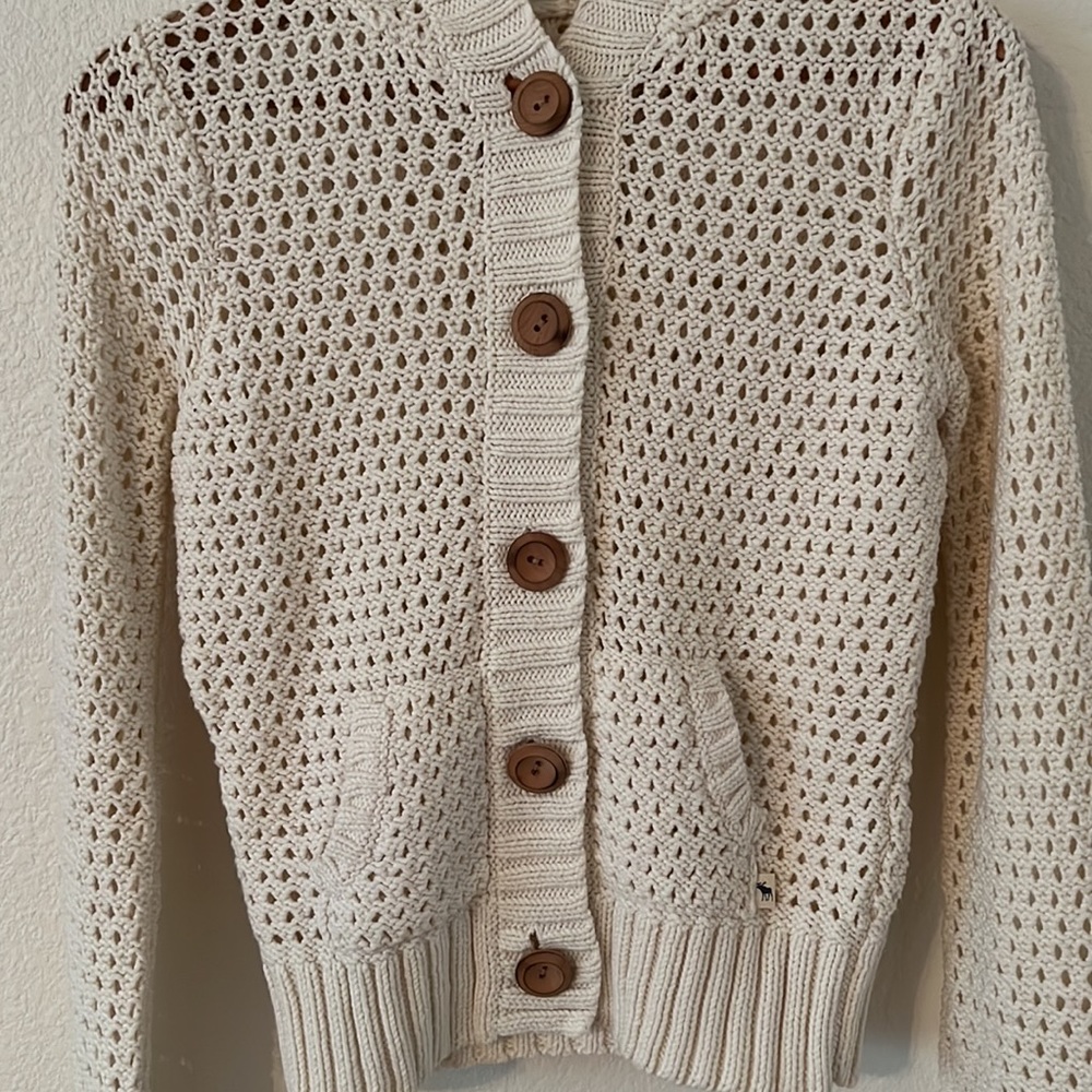 Abercrombie & Fitch Cream Knit Button Up Hooded Cardigan Womens Large - Picture 3 of 5